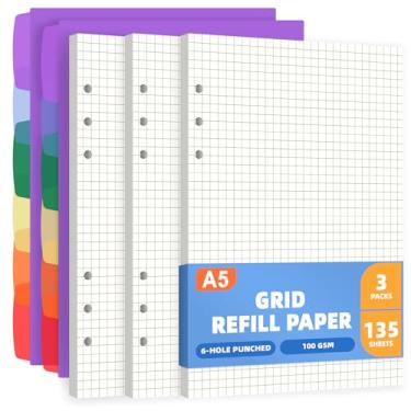 Imagem de Antner Refil de papel A5 Grid para fichário A5 com 6 anéis, 135 folhas, 6 furos, folhas soltas, enchimento de papel com 12 divisórias para cadernos recarregáveis, diário de bala, matemática