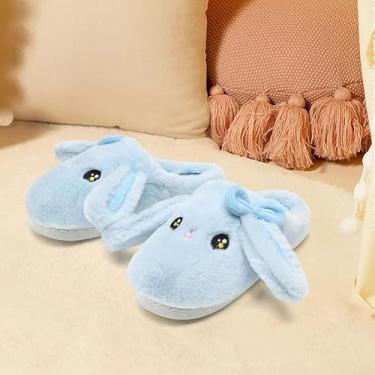 Imagem de Pantufas de coelho de orelhas grandes para meninas e meninos, lindo laço felpudo fofo confortável desenho animado coelho peludo engraçado travesseiro nuvem casa quarto casa chinelo para crianças