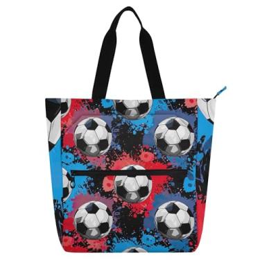 Imagem de GAIGEO Bolsa de mão com estampa de bolas de futebol para crianças, mulheres, trabalho, escola, zíper, bolsa de ombro de lona reutilizável, azul, vermelho, preto