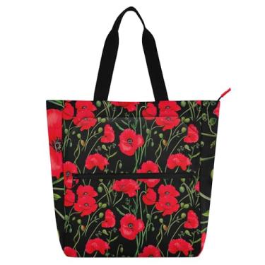 Imagem de GAIGEO Sacola de trabalho preta com flores de papoula vermelhas vibrantes para mulheres, bolsas de tecido de lona, faculdade, escola, crianças, presente para amantes de livros