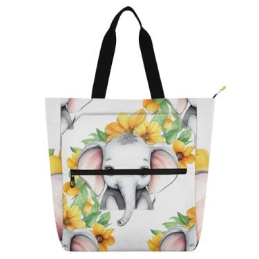 Imagem de GAIGEO Linda sacola branca com flores de elefante para mulheres, crianças, escola, trabalho, livros, professores, bolsa média com zíper