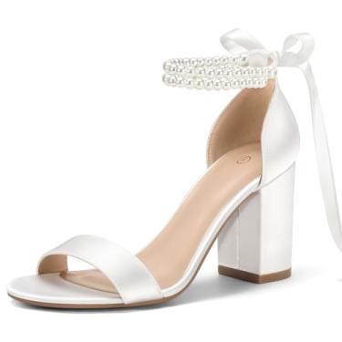 Imagem de COASIS Sandálias femininas de salto grosso, bico aberto, tira no tornozelo, 8,5 cm, Laço branco, 36