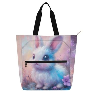 Imagem de Sacolas femininas fofas de coelho pastel para trabalho, lona, faculdade, escola, bolsas utilitárias, bolsas de escritório, presente para amantes de livros