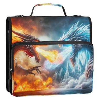 Imagem de Fichário de 3 anéis com estampa de dragão de gelo de fogo 3,8 cm, organizador de fichários com zíper, bolsa escolar com alça de ombro, pasta de armazenamento com alça de ombro e alça