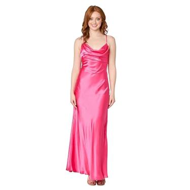 Imagem de MORGAN AND CO. Vestido feminino drapeado com gola drapeada Charmeuse - Vestido maxi elegante de cetim com laço nas costas - Roupa formal para a noite para adolescentes, goiaba, PP