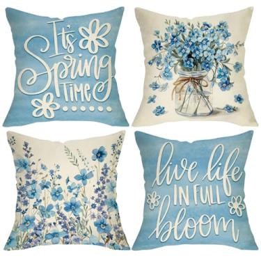 Imagem de Fjfz It's Spring Time Capas de almofada decorativas florais azuis 45,7 x 45,7 cm, conjunto de 4, jarro de pedreiro de flores de verão, decoração de casa ao ar livre, Live Life in Full Bloom para sofá