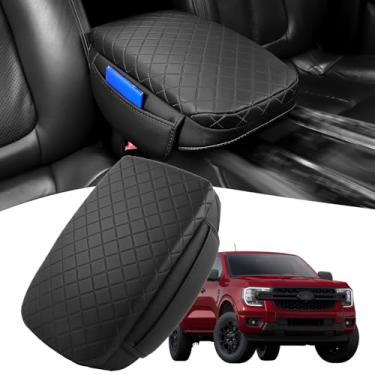 Imagem de Zrebrio Capa de console central para Ford Ranger 2024 2025 2026 almofada de apoio de braço de couro PU com bolso lateral protetor de tampa do console médio Ranger Acessórios interiores (almofada