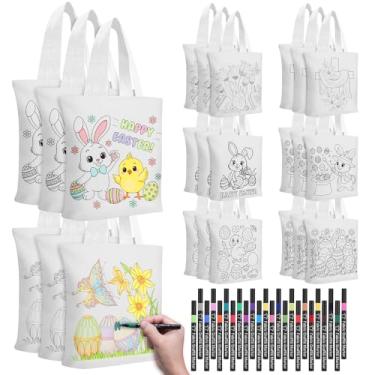 Imagem de SilTriangle Conjunto de 48 peças de sacola de páscoa para colorir e marcador de tecido, 24 bolsas de alça de lona com 24 canetas coloridas, kit de artesanato de ovo de coelho para lembrancinhas de