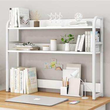 Imagem de Prateleira organizadora de armazenamento de mesa de 2 camadas - estante de mesa de escritório, suporte de armazenamento de mesa de madeira e metal, estante de mesa retrô para casa, estante de mesa de