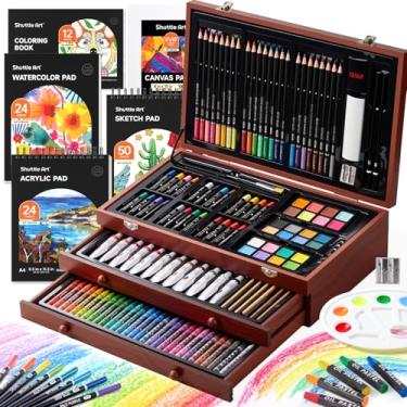 Imagem de Shuttle Art Kit de arte de presente de luxo, conjunto de 202 peças de materiais de arte de madeira com 4 blocos de desenho, telas, folhas de colorir, tinta acrílica, giz de cera, pastéis a óleo, lápis