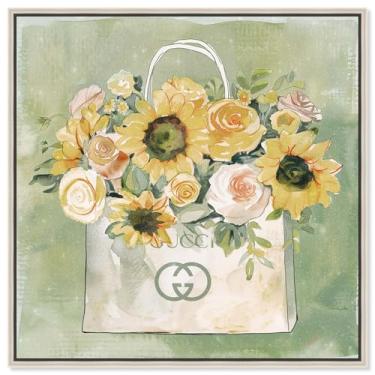 Imagem de Art Remedy Impressão de arte moderna em tela, bolsa de compras de girassol primavera, moldura prateada, 61 cm x 61 cm