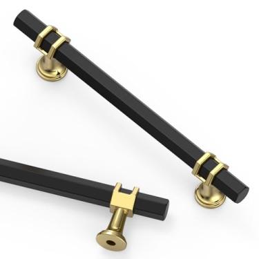 Imagem de Asidrama 4627 Pacote com 10 puxadores de armário de cozinha preto e dourado fosco, puxadores de armário de cozinha para puxadores de gaveta de armário