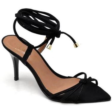 Imagem de Sandália Salto Médio em Couro Bico Folha Preto Ella's, 35, Preto, Femi