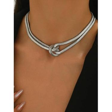 Imagem de Coleção de colar gargantilha de camada dupla com nó de cobra hip hop, design de corrente de lâmina, dourado/prateado, joias modernas para uso diário e urbano, One Size, Ferro, Sem Pedra Preciosa