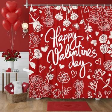 Imagem de JAWO Cortina de chuveiro rosa vermelha dos namorados, cortinas de banheiro com ganchos, tecido de poliéster à prova d'água, conjunto de cortinas de chuveiro rosa para banheiro, banheiras, decoração de