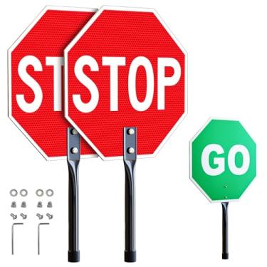 Imagem de (Pacote com 2) Sinal Stop Go com alça, 30,5 x 30,5 cm refletivo de alumínio livre de ferrugem, placa de trânsito portátil Guard Stop/Go para orientar a segurança na rua, dupla face, resistente ao