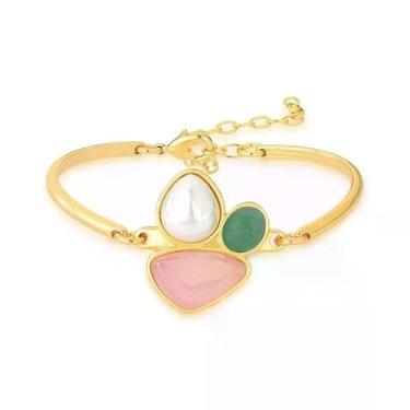Imagem de Pulseira Bold em Quartzo Rosa, Quartzo Verde e Pérola Banho Ouro 24k