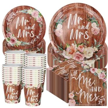 Imagem de Conjunto de 250 peças de pratos de chá de panela retrô, conjunto de pratos descartáveis de casamento rústico para 50 convidados, prato de papel "Sr. e Sra" copo de papel para casamento, noivado