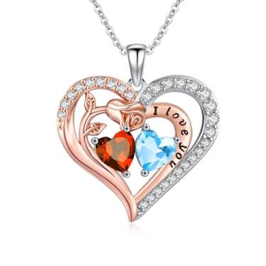 Imagem de WYDDO Colar de coração rosa para mulheres, pingente de pedra de nascimento duplo, presente de aniversário e Natal para sua esposa, mãe, filha, Base, Zircônia cúbica