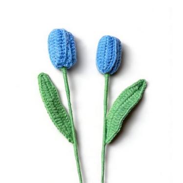 Imagem de LTGICH Tulipas de crochê, flores artificiais, acabamento feito à mão, tulipas tricotadas com folha e haste longa para decoração de centros de casa, dia dos namorados, aniversário de casamento (azul)