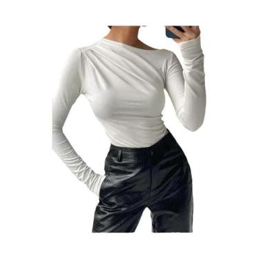 Imagem de Camiseta Cropped Básica Branca De Manga Longa Para Mulheres, T-Shirt C