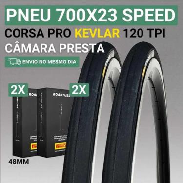Imagem de Pneu Aro 700x23 Speed Corsa Pro Kevlar Pirelli 120 Tpi, 2 Pneu +2 Câma