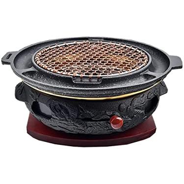 Imagem de CGKs6anmU Churrasqueira portátil de mesa churrasqueira portátil redonda fogão de alimentos a carvão com base de malha de cobre grelha de ferro fundido (cor: preto tamanho: 33 x 14 cm) (preto 33 x 14