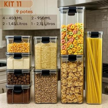 Imagem de Kit Pote Hermético Organizador de Mantimentos e Temperos para Cozinha, Armário e Geladeira Slim Transparente com Tampa Vedada (KIT 11-9 POTES SLIM)