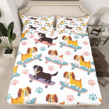 Imagem de Jogo de lençol casal com desenho animado de cachorrinho, esportes radicais de rua, decoração de quarto de meninos e meninas, estampa de patas de cachorro fofo, lençol de cima, branco, 2 fronhas (sem