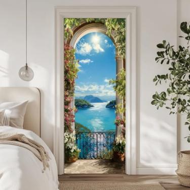 Imagem de arricraft 2 adesivos autoadesivos de porta, 80 cm x 199 cm varanda vista do oceano pequena padrão ilha adesivos murais de porta PVC removível decoração para quartos sala de estar