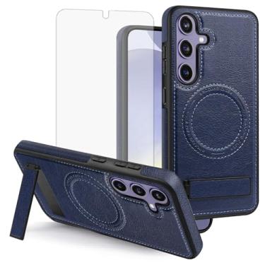 Imagem de Capa de celular para Samsung Galaxy S24 com protetor de tela magnético e couro PU carregamento rápido Slicone macio suporte híbrido suporte rígido acessórios S 24 24S G5 SM-S921U mulheres homens azul