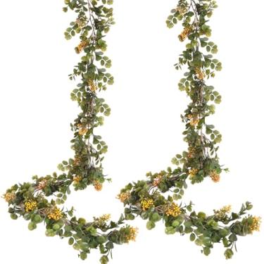 Imagem de RECUTMS Guirlanda artificial de eucalipto com hastes de frutas amarelas pacote com 2 folhas de hera de uva de 1,8 m para pendurar em ambientes internos e externos, casa, jardim, escritório, porta