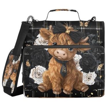 Imagem de Pasta com 3 argolas com zíper Highland Cow preto e branco com alça de ombro 500 folhas organizador de papel Trapper Keeper Pasta de arquivos de armazenamento de documentos para escola e escritório