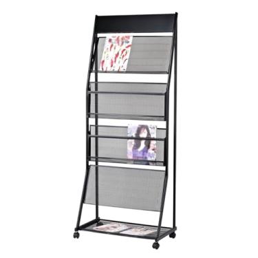 Imagem de Suporte simples para revistas, porta-revistas de chão, 4 camadas de suporte de jornal de aço com rodas, suportes de emenda para fácil instalação no escritório (preto)