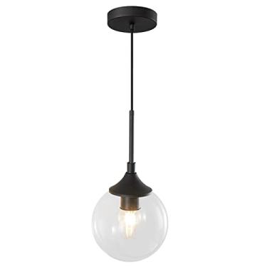 Imagem de Luminária pendente em formato de globo de vidro transparente, preta, estilo moderno de meados do século XX, ideal para sobrepor em ilha de cozinha, sala de estar ou pia (transparente)