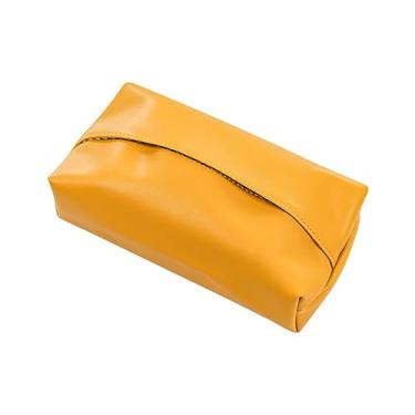 Imagem de Suporte de caixa de lenços caixa de lenços de tecido luxuosa sala de estar criativa nórdica retangular armazenamento de couro PU caixa de papel de bombeamento capa de lenço facial (amarelo)