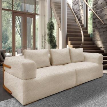 Imagem de Sofá 4 Lugares 2,60m Em Tecido Bouclé Com Aplique Em Madeira – Scott Lucadi Bege