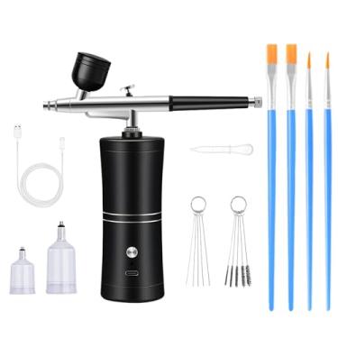 Imagem de ZPSHYD Kit de aerógrafo kit de escova de ar portátil com amuletos de unhas compressor de aerógrafo recarregável sem fio para barbeiro, arte de unhas, tatuagem, maquiagem, pintura de modelo (preto)