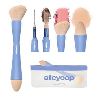 Imagem de Alleyoop Conjunto de pincéis de maquiagem multitarefa 4 em 1 para viagem – Pincéis de maquiagem compactos com esponja de mistura, sombra, sobrancelha e delineador, pincel de blush e bronzeador – Mini