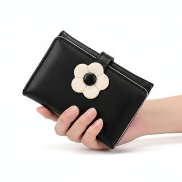 Imagem de Carteira feminina organizadora de cartões de couro PU compacta com decoração floral, Preto, Casual