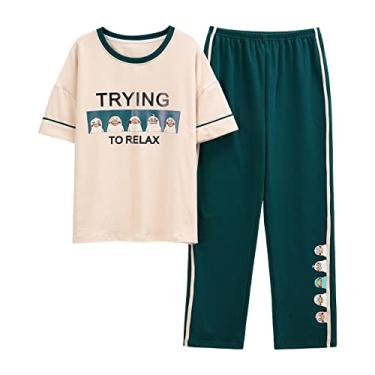 Imagem de 3FLQOOPP Pijamas Mulheres Homewear Manga Curta Calças Compridas Linda Impressão Lindo Conjunto de Duas Peças (A Médio)