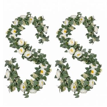 Imagem de Zerzsy 2 guirlandas artificiais de eucalipto com flores, guirlandas florais falsas de videira rosa branca de 1,8 m, guirlandas para pendurar em Gypsophila rosa falsa para decoração de parede de festa