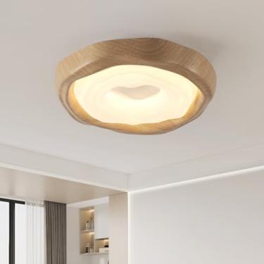 Imagem de Luminária de teto LED moderna, redonda com estampa de madeira, base metálica, embutida, dimerizável e com controle remoto para cozinha e quarto, 28W, amarela.