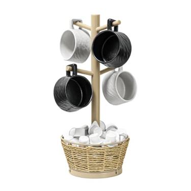 Imagem de Suporte de caneca de madeira com cesta de tecido, 4 ganchos, suporte de caneca de café, árvore de caneca de bancada para armário de cozinha, acessórios de cafeteria, organizador de copos (marrom)