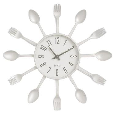 Imagem de Relógio De Parede Branco Para Cozinha Com Talheres Estilo Retrô Decoração Elegante E Moderna 32 Cm
