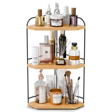 Imagem de Organizador de balcão de banheiro de canto, organizador de bancada de madeira de 3 camadas para perfume, armazenamento de maquiagem, organizadores de cuidados com a pele para penteadeira, prateleira