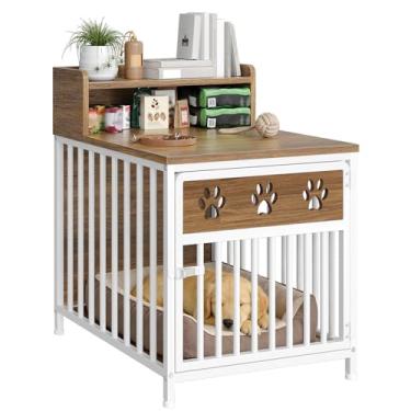 Imagem de YATINEY Móveis de gaiola para cães pequenos, canil de madeira, mesa de canto interno para animais de estimação, caixa pequena de duas camadas, para sala de estar, quarto, branco e nogueira DC01WH
