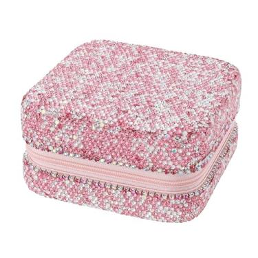 Imagem de Caixa de joias de camada dupla com strass brilhante, caixa de maquiagem, organizador de brincos, suporte de anel, estojo de armazenamento com espelho (rosa)