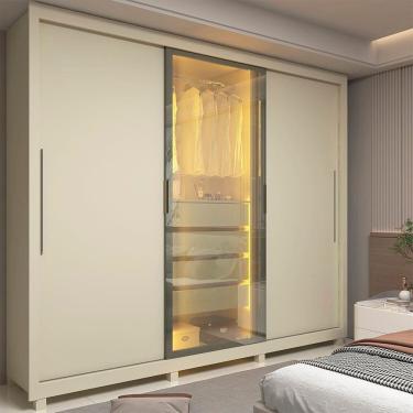 Imagem de Guarda-roupa Casal 3 Portas 1 Porta Reflecta com Led com Pés 100% Mdf Royale Off White