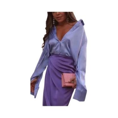 Imagem de Camisa Feminina Vintage Com Gola Polo Para Escritório, Solta, Com Botõ